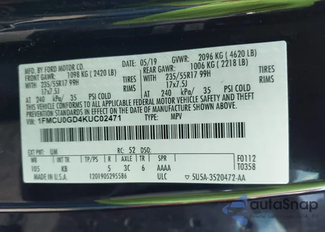 2019 Ford Escape Se z USA, uszkodzony, nr VIN 1FMCU0GD4KUC02471